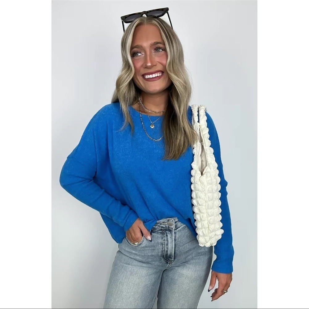 Zenana Cherilyn Ribbed Dolman Sleeve Top - Blue NEW